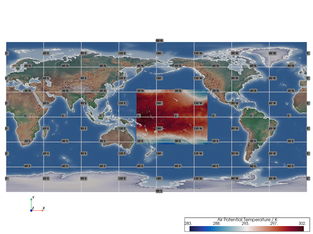 CF UGRID Local Area Model, Unstructured Quadrilateral Mesh of Air Potential Temperature in Plate Carrée Projection