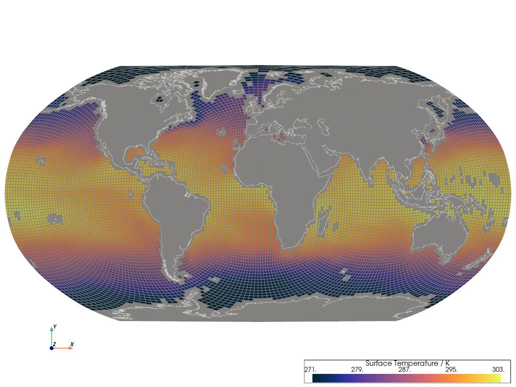 LFRic Model, Unstructured Cube Sphere of Surface Temperature in Robinson Projection