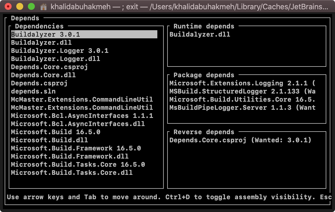 screenshot of depends running in terminal