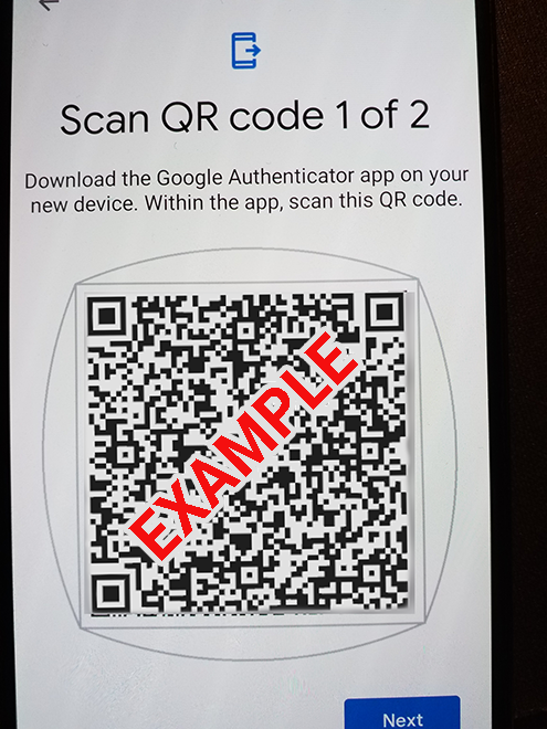 Photo of a phone screen with Google Authenticator showing a QR code for the account export feature