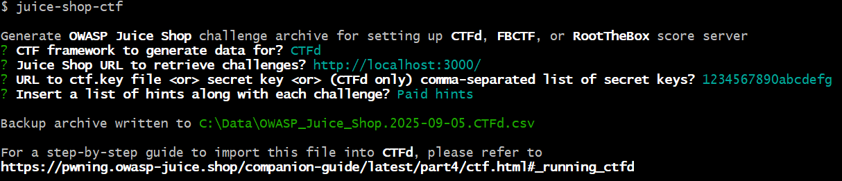 Screenshot of juice-shop-ctf-cli in Powershell