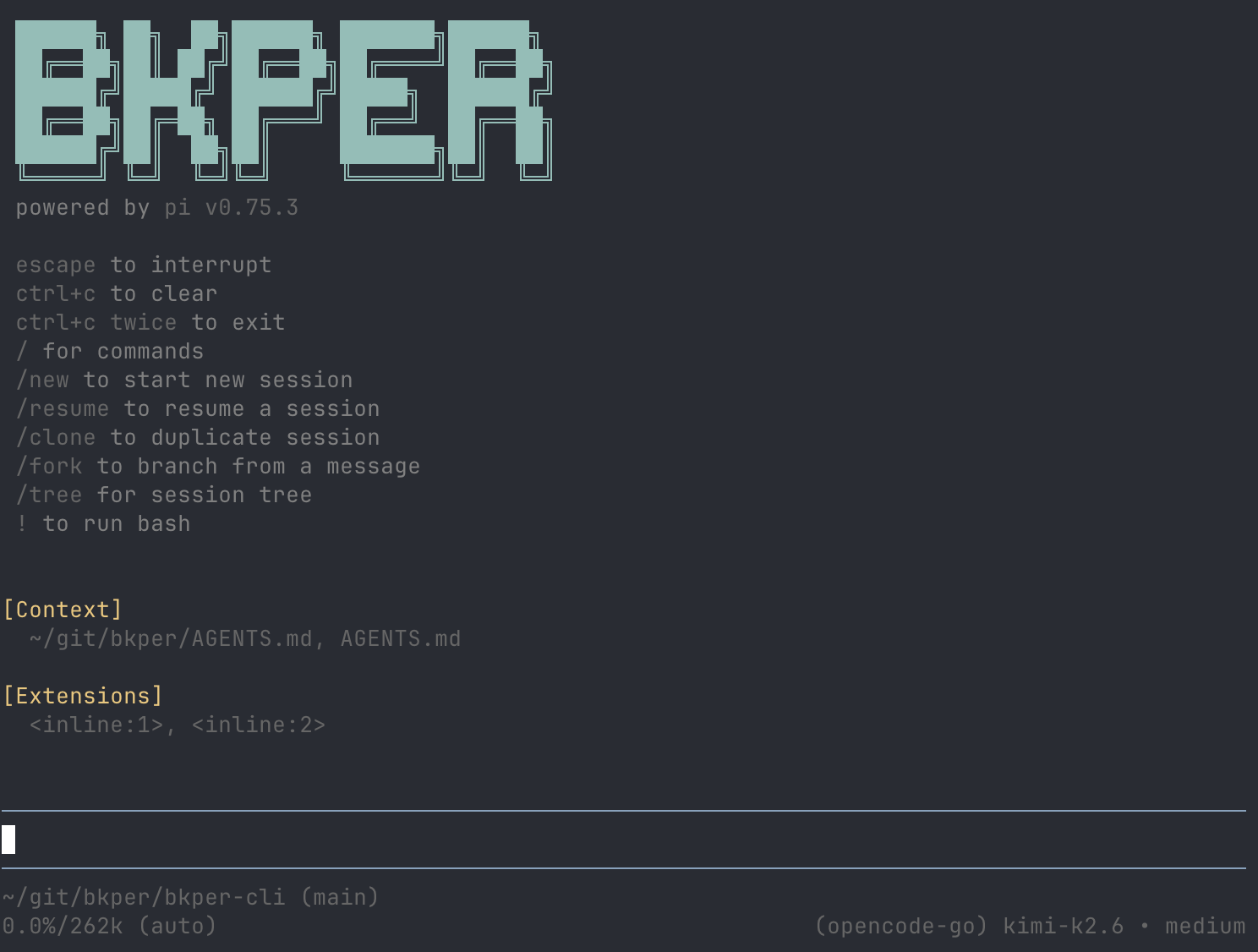 Bkper CLI Agent terminal interface showing the Bkper ASCII art header, command shortcuts, context, and an active input prompt