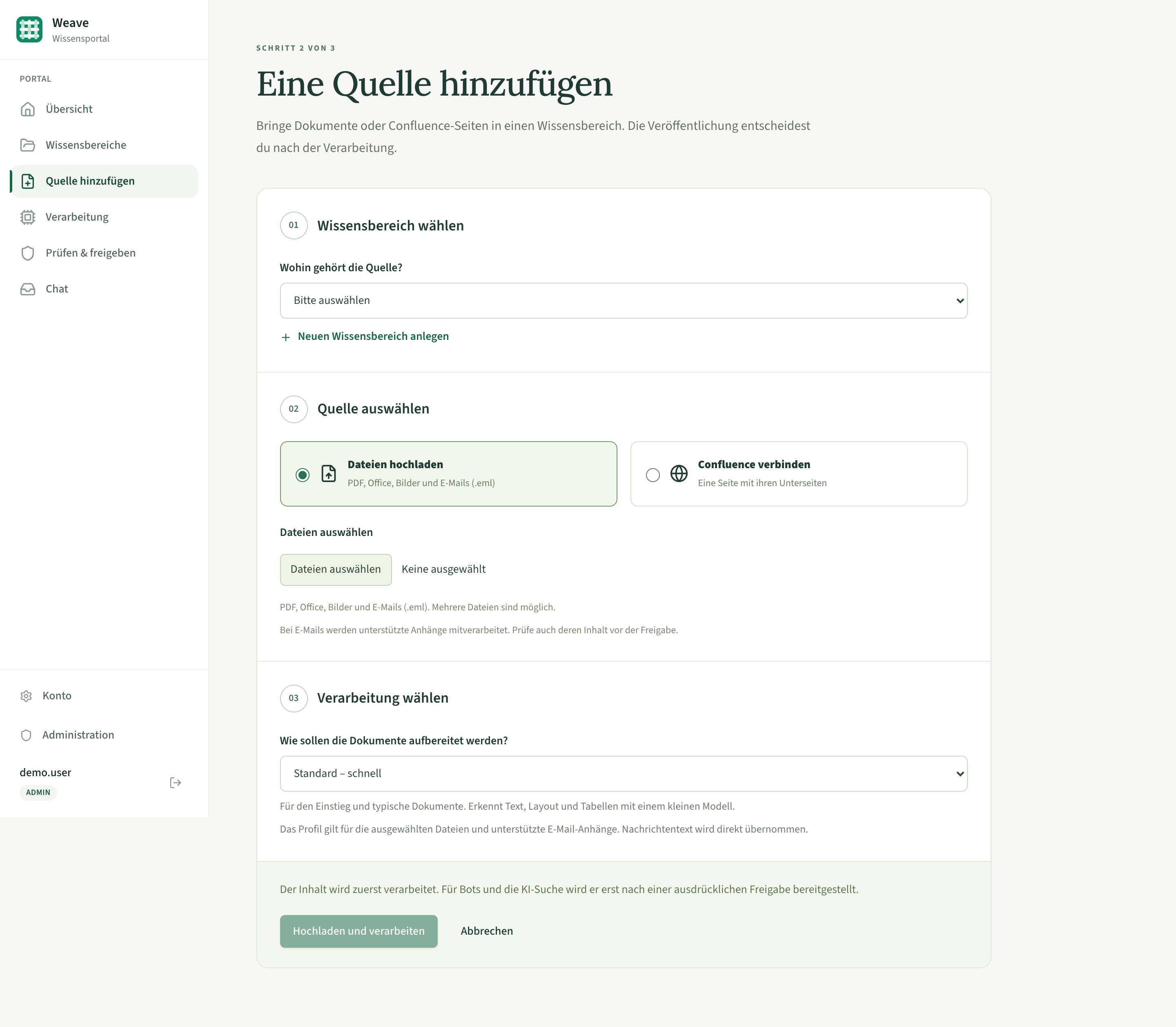 Quellen hinzufügen: Dateien hochladen, Confluence-Seite auswählen, Verarbeitungsprofil wählen