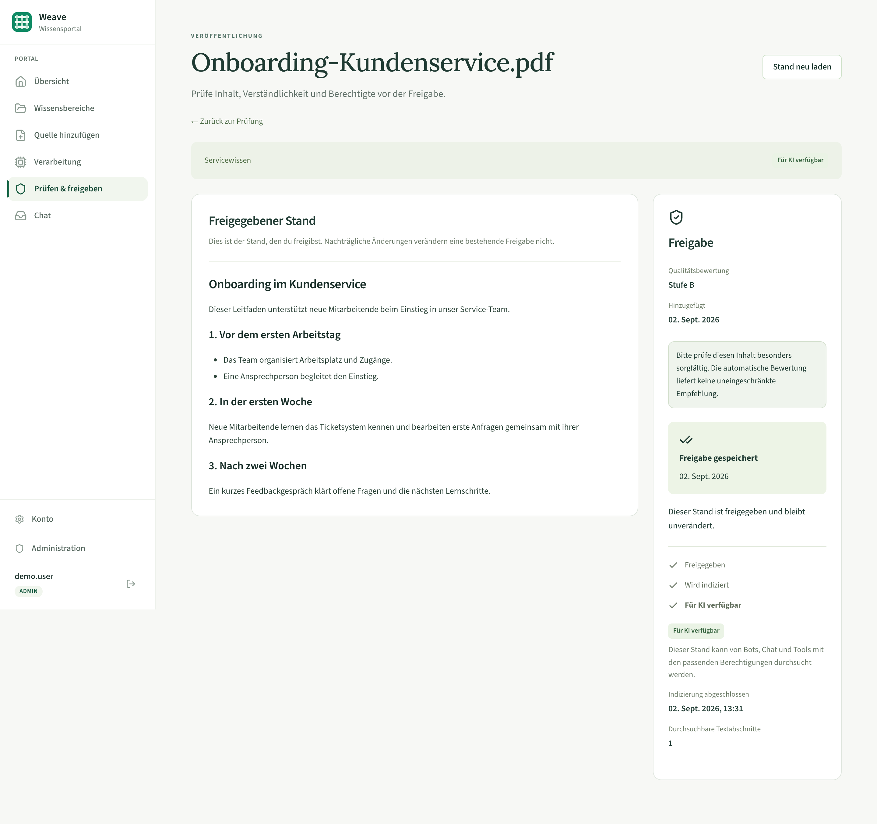 Prüfansicht: aufbereiteter Text, Freigabe eines geprüften Standes und die Anzeige der KI-Verfügbarkeit