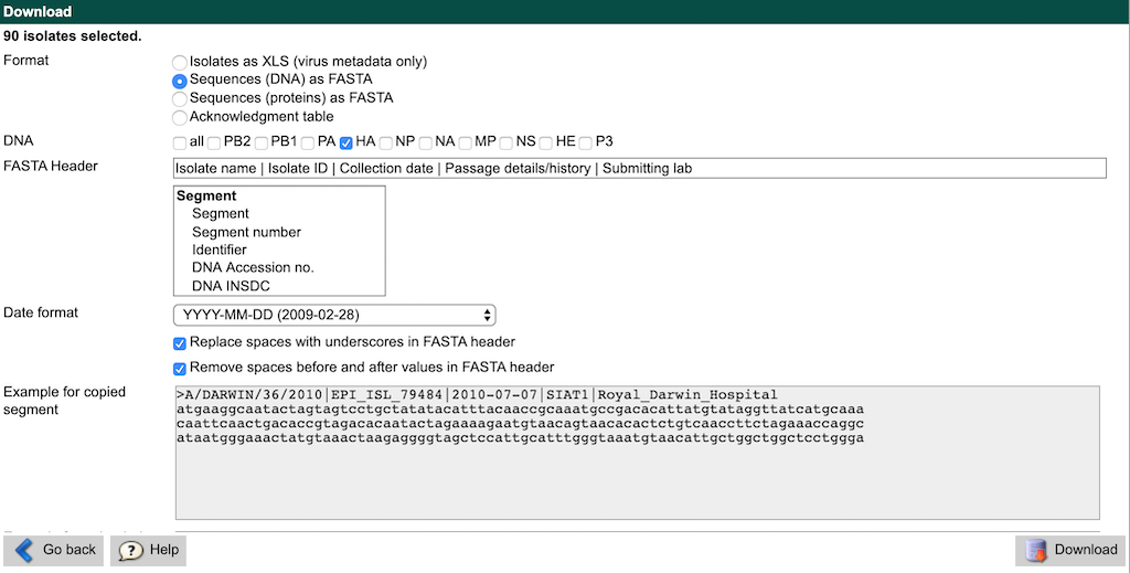 Example GISAID download for a single batch