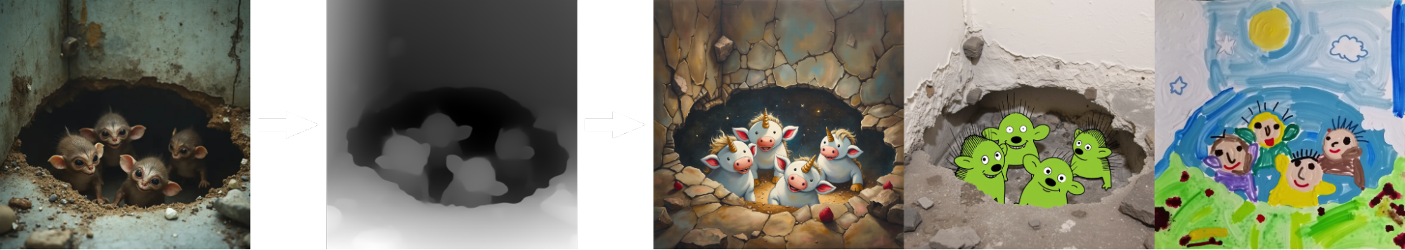 Example grid published by Black Forest Labs showing depth-conditioned generations that keep the original scene geometry