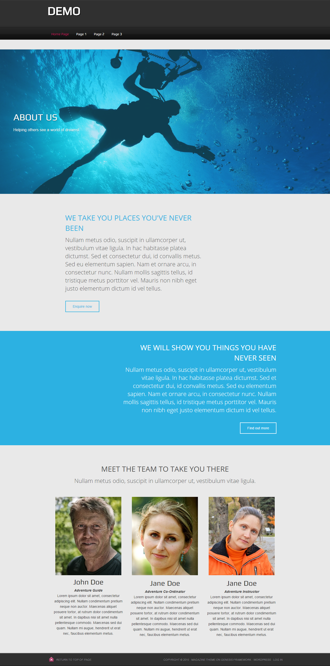 Front page sample made with Magazine child theme (XHTML) and a prebuilt layout by Page builder