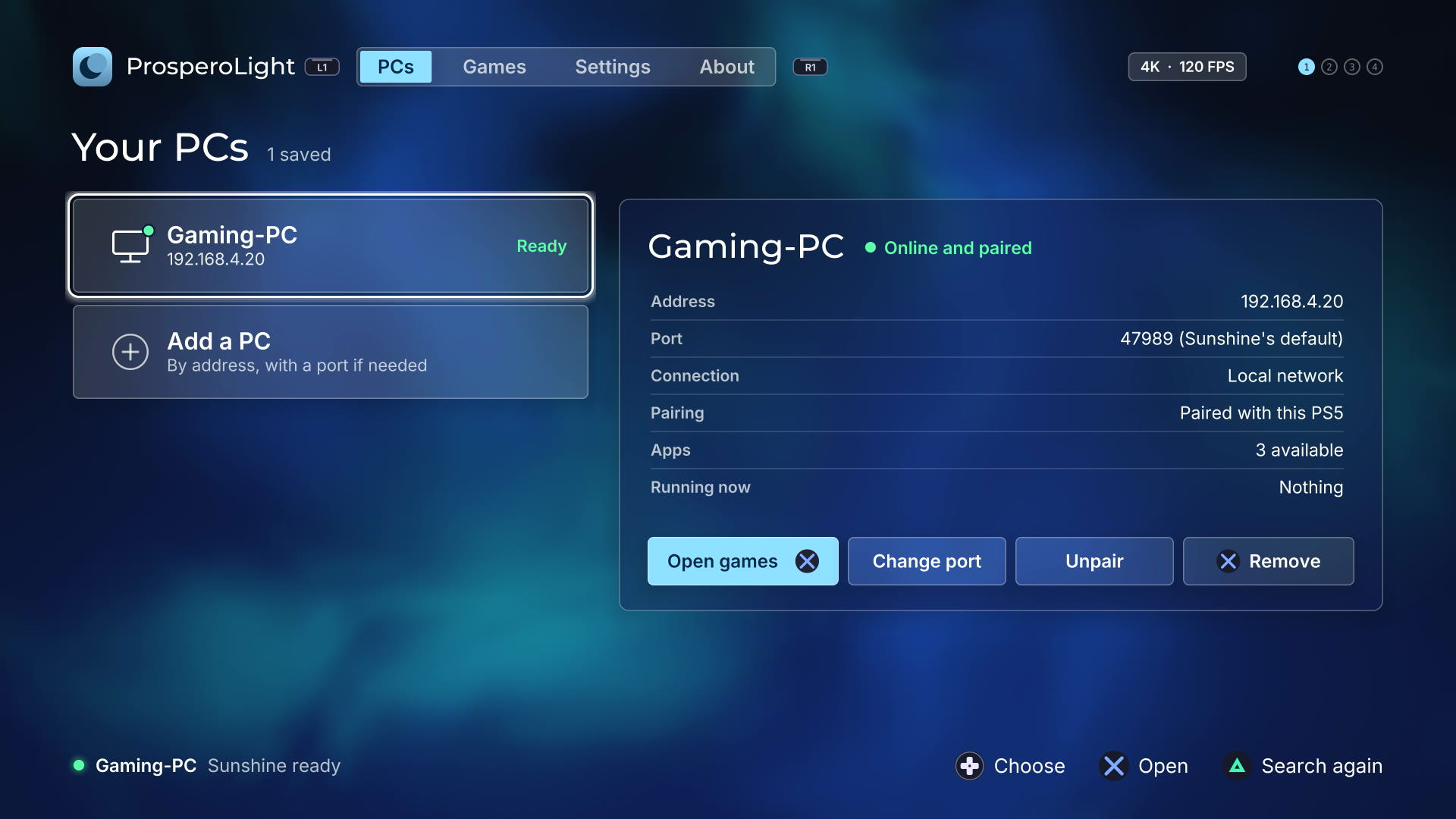 ProsperoLight Games screen configured for 4K HDR