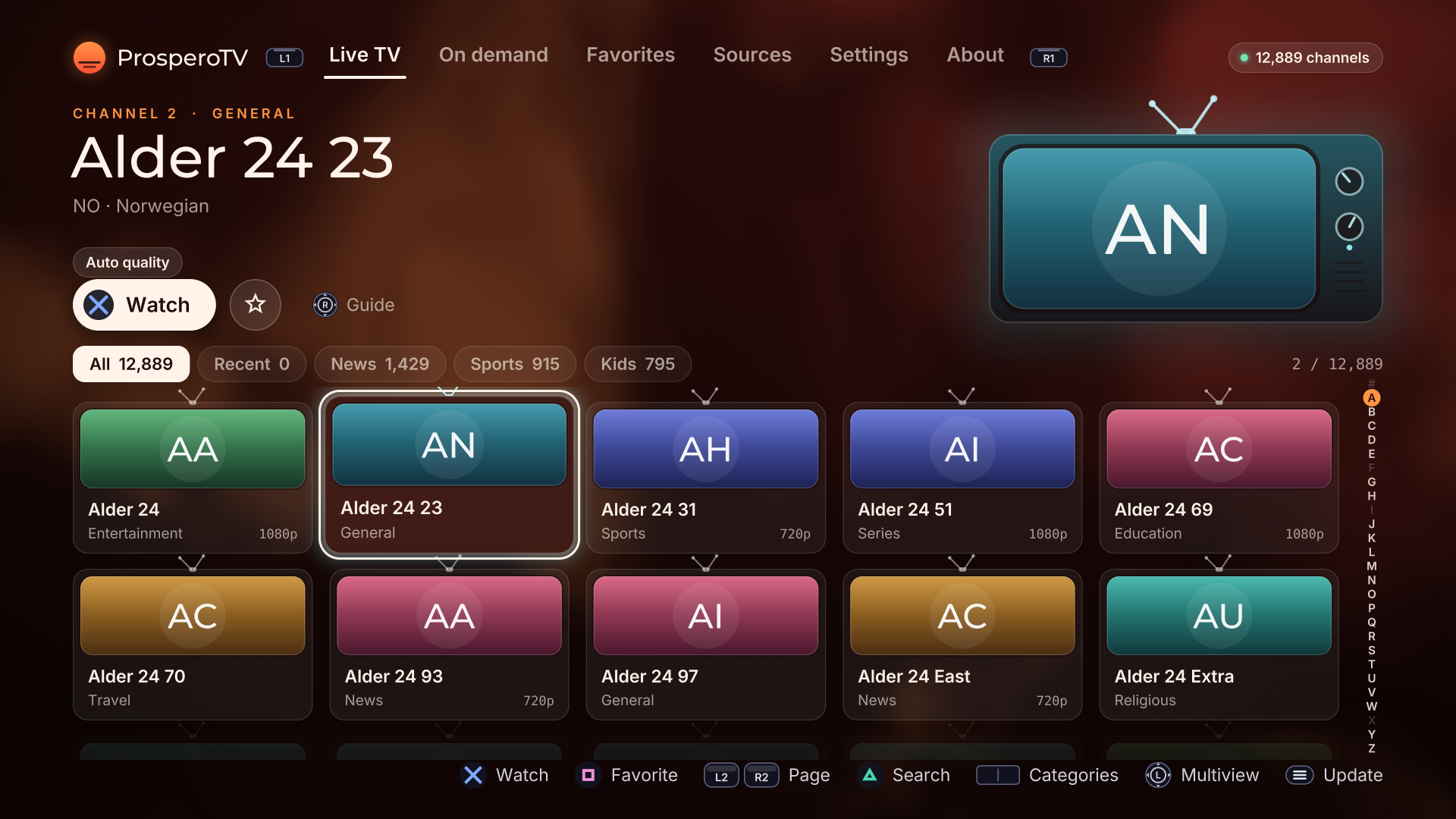 ProsperoTV Live TV screen