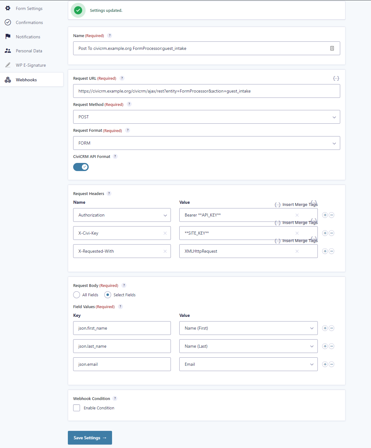 Gravity Forms Webhook Settings