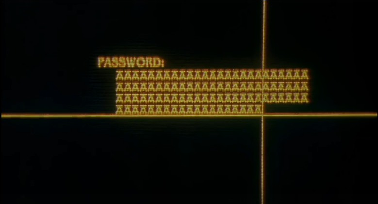 Film still from 'Avalon' (2001): protagonist Ash types a 94-character password to access her PC