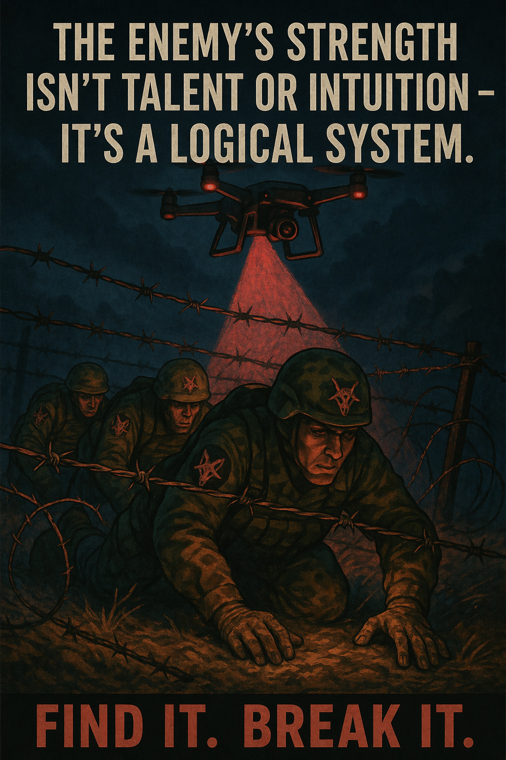Night scene: three enemy soldiers try to crawl through barbed wire while a drone with an infrared scanner hovers above them