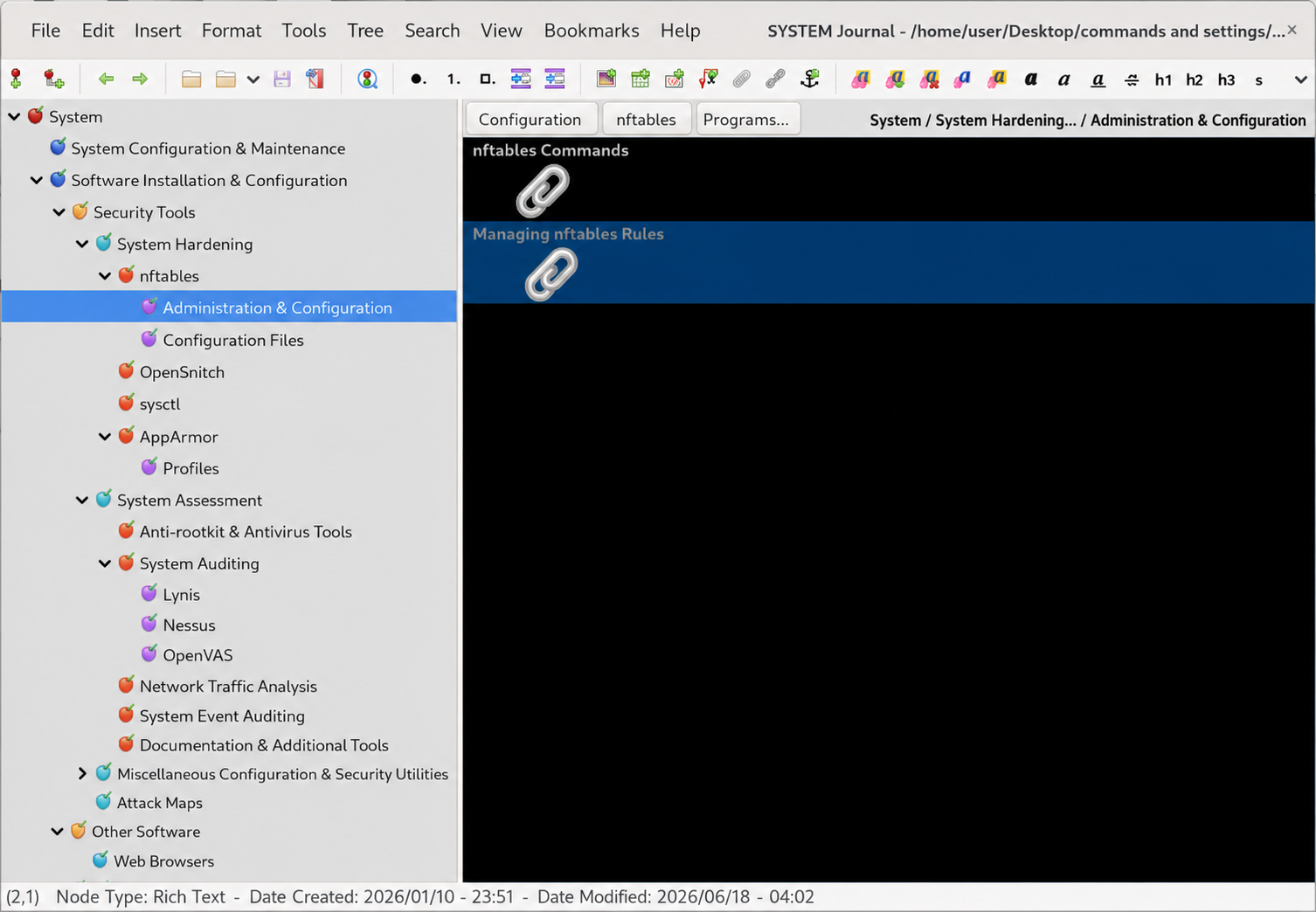 Example of a CherryTree knowledge base with a hierarchical structure for Debian 13 hardening and administration