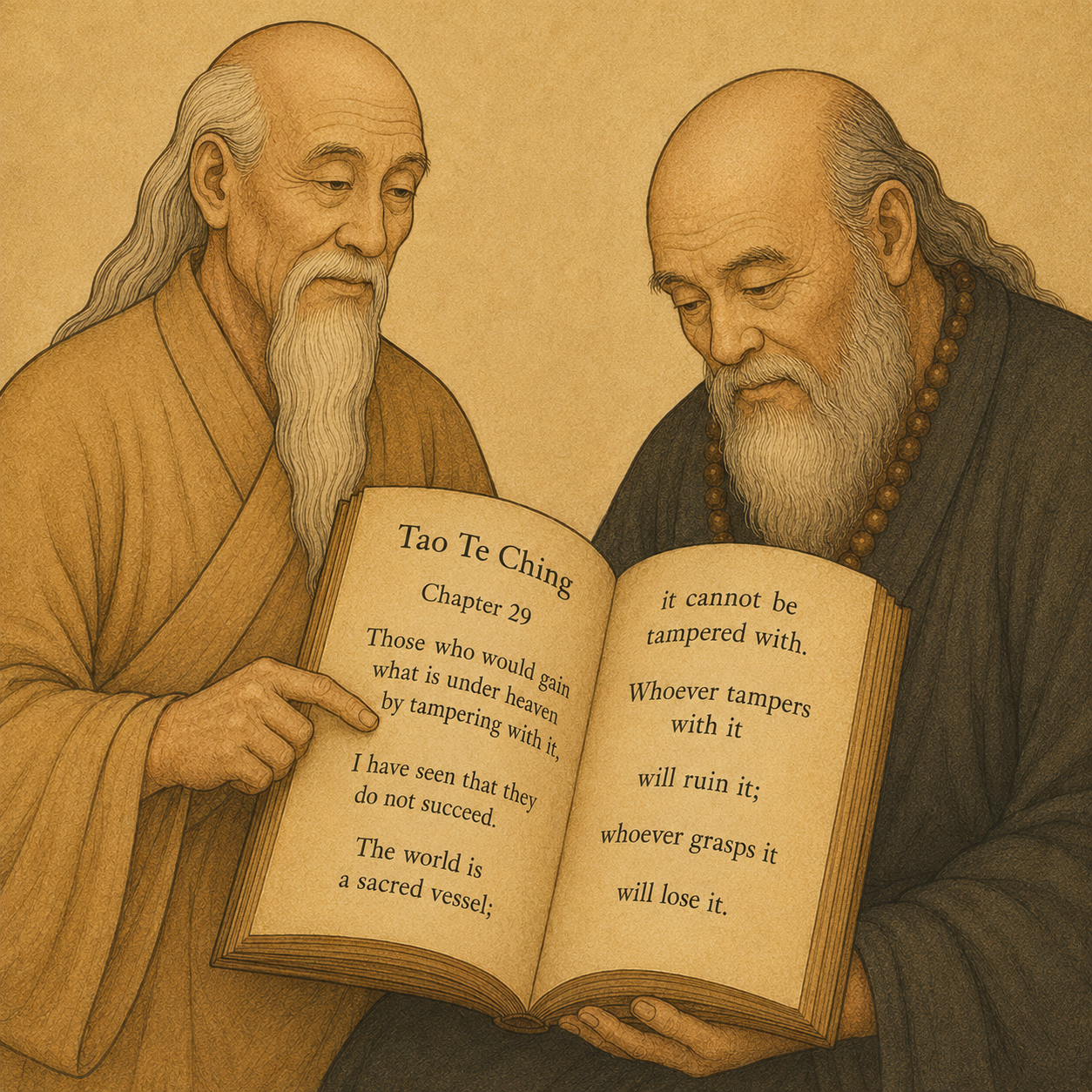 Lao Tzu explaining Chapter 29 of the Tao Te Ching to his disciple, illustrating the Daoist warning against controlling the world and other people through force