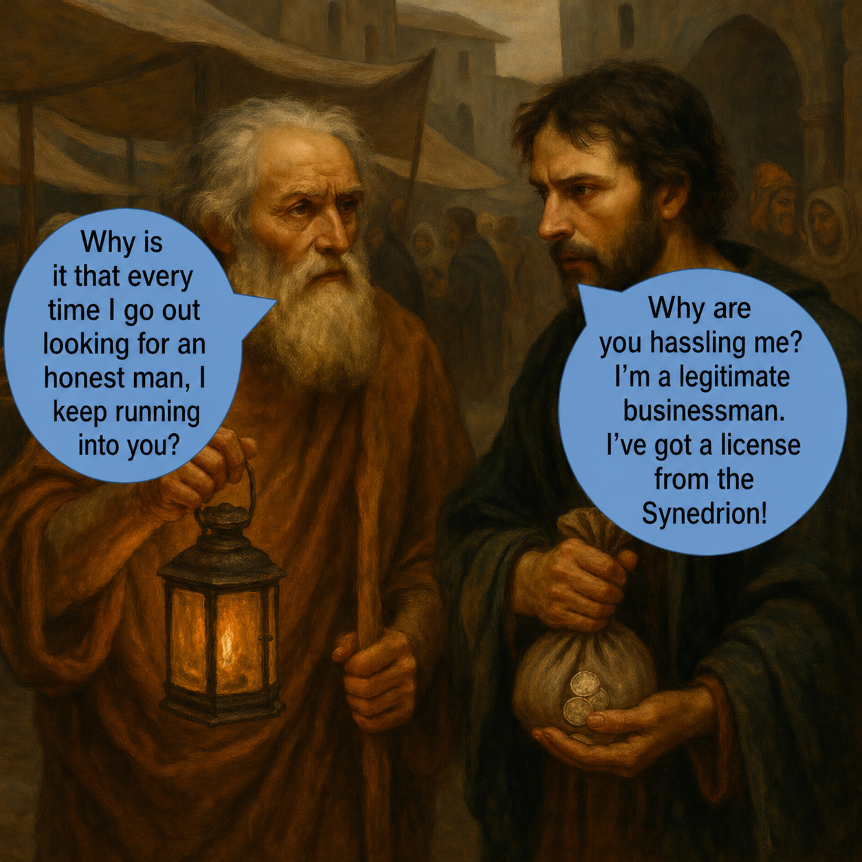Diogenes with a lantern in daylight looks in bewilderment at Judas, who proudly shows his Sanhedrin license