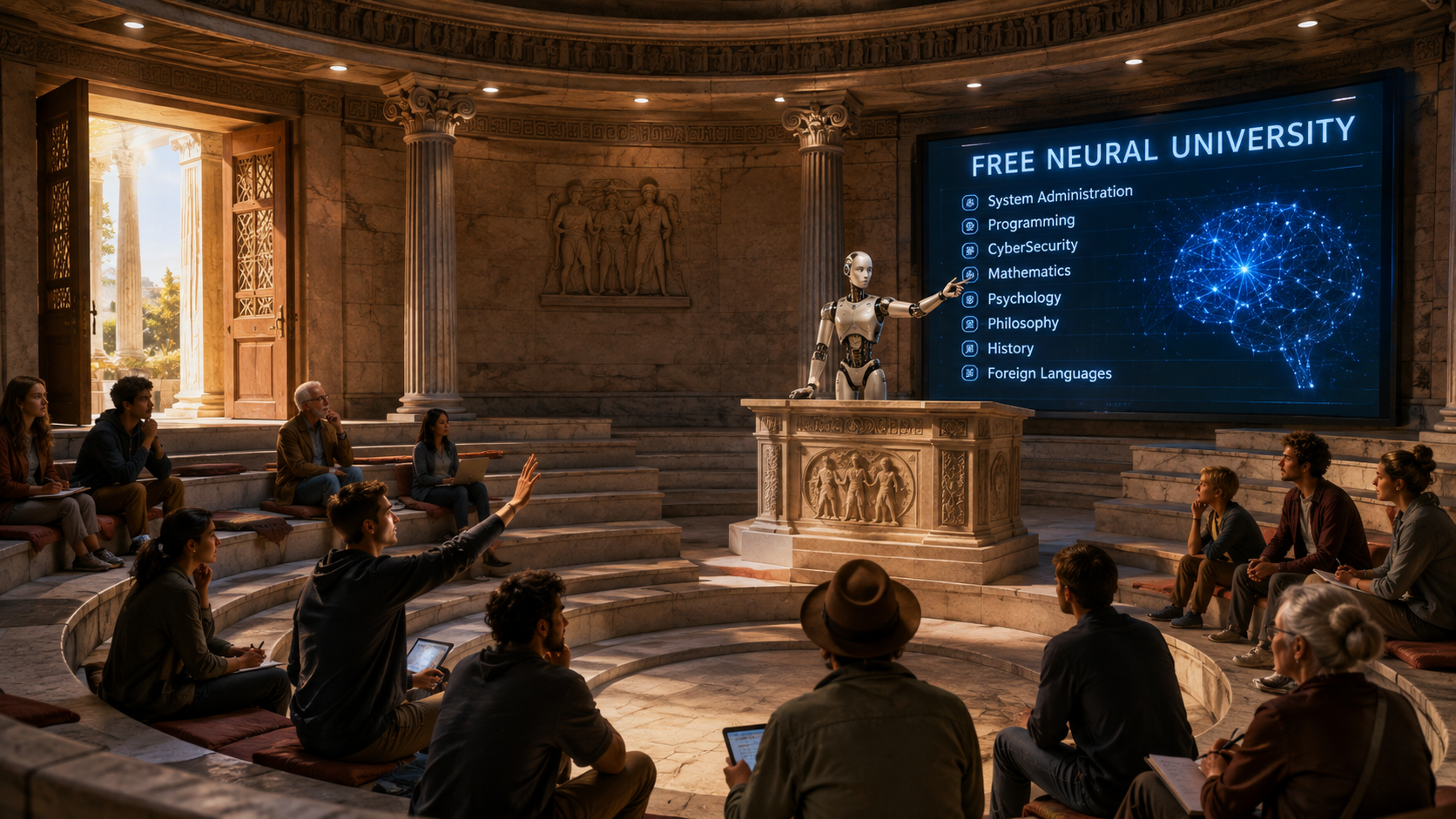 An ancient lecture hall of the Free Neural University: an android instructor conducts an interactive lecture, while the screen displays fields of study