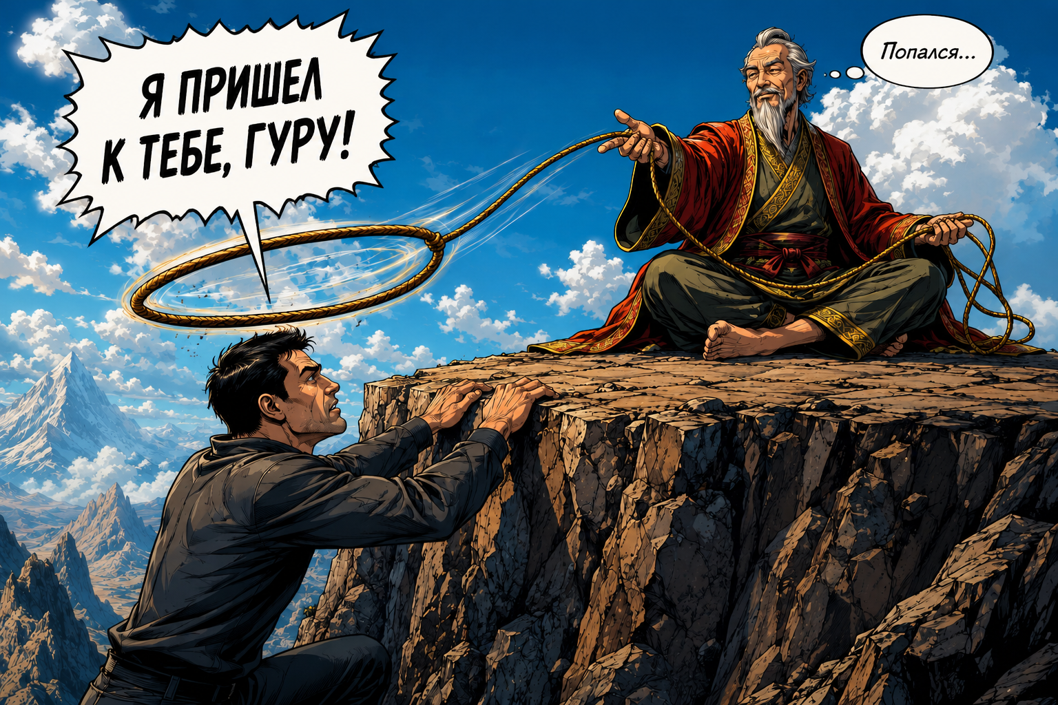 Ученик вскарабкался на гору и произносит: «Я пришел к тебе, гуру!» Учитель набрасывает ему на шею лассо со словами: «Попался...»