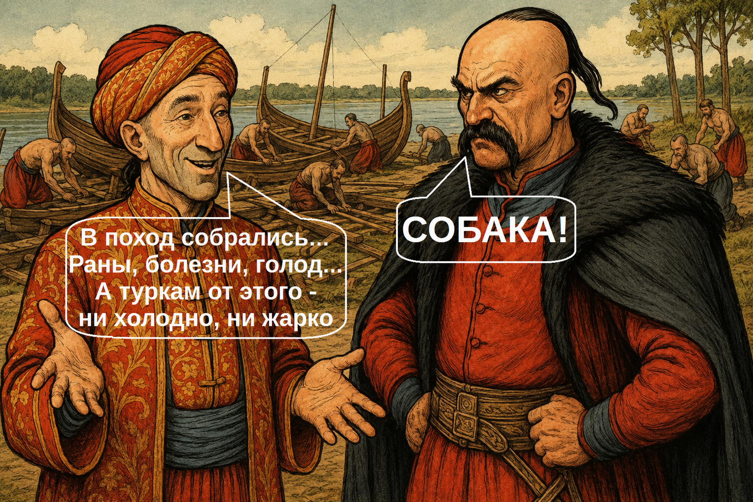 Карикатура: справа Лицемер заявляет «В поход собрались... Раны, болезни, голод... А туркам от этого — ни холодно, ни жарко.», слева Отаман Серко отвечает ему «Сволочь!»