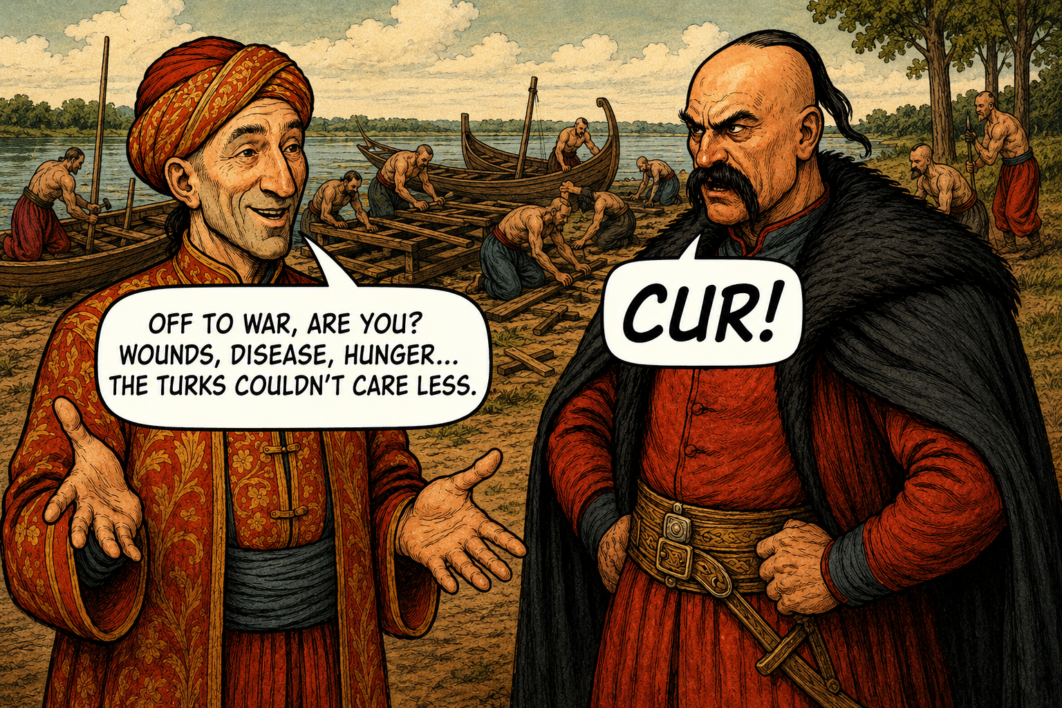 Cartoon: on the right, the Hypocrite says 'Off to war, are you? Wounds, disease, hunger... The Turks couldn't care less.' On the left, the Cossack Commander replies 'CUR!'