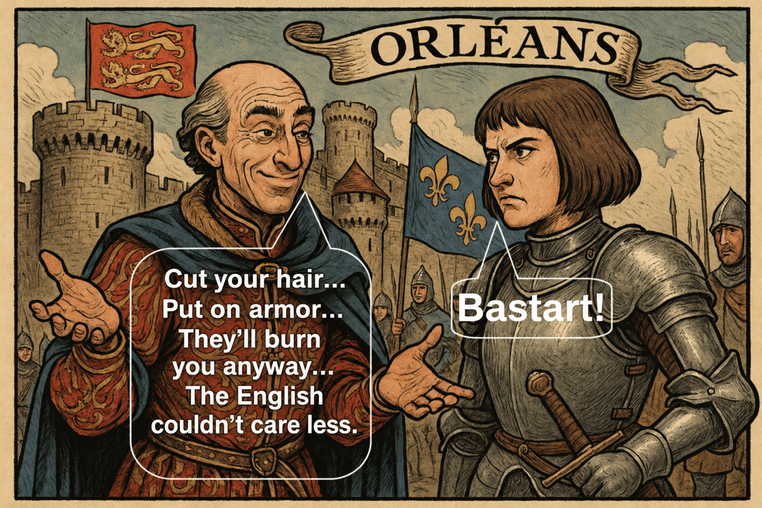 Cartoon: on the right, the Hypocrite says 'You'll be burned. The English couldn't care less.' On the left, Joan of Arc replies 'Bastard!'