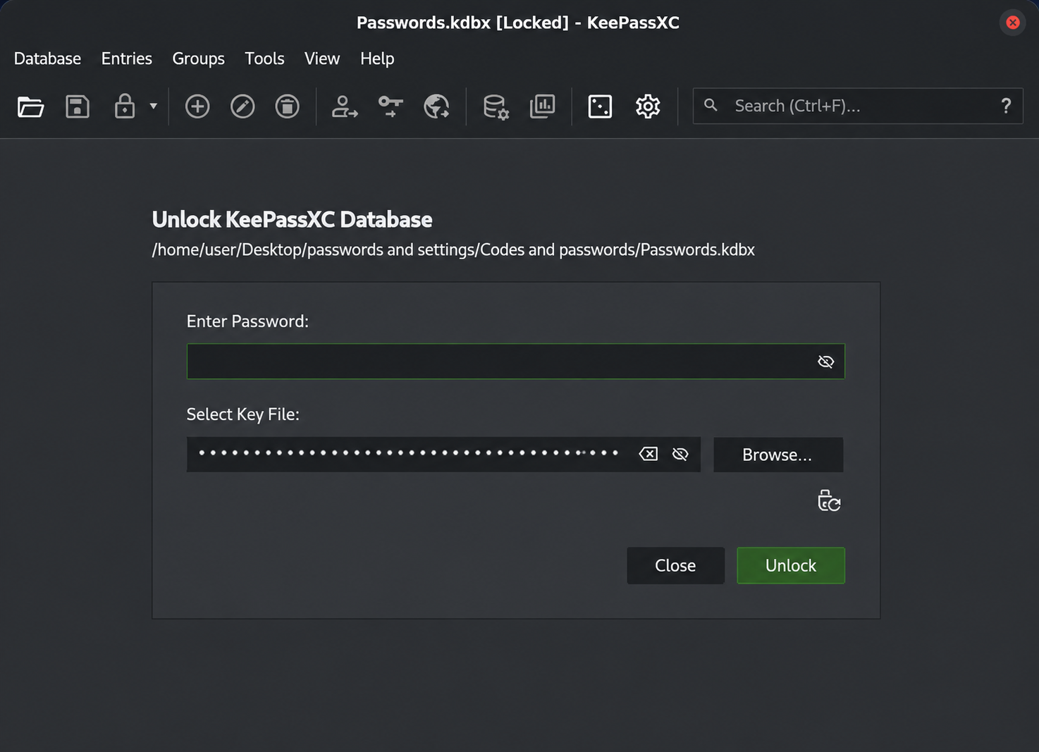 KeePassXC login window using a master password and a key file