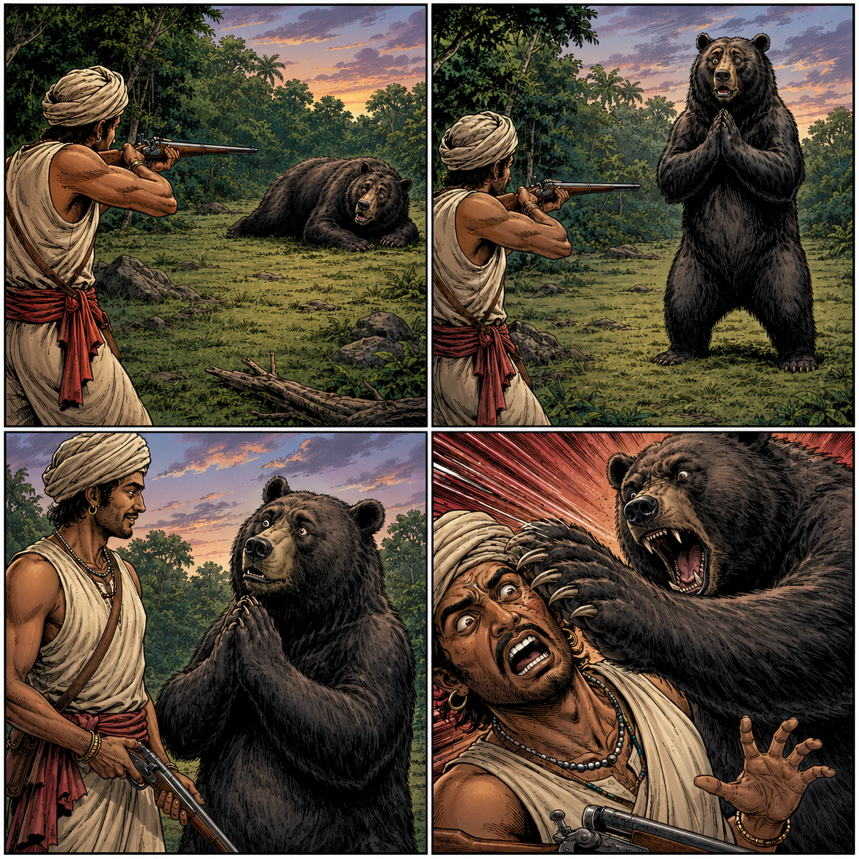 Four-panel comic: A hunter aims at a bear. The bear begs for mercy. Begging for mercy, the bear moves closer. Once close enough, it strikes the hunter with a sudden blow.