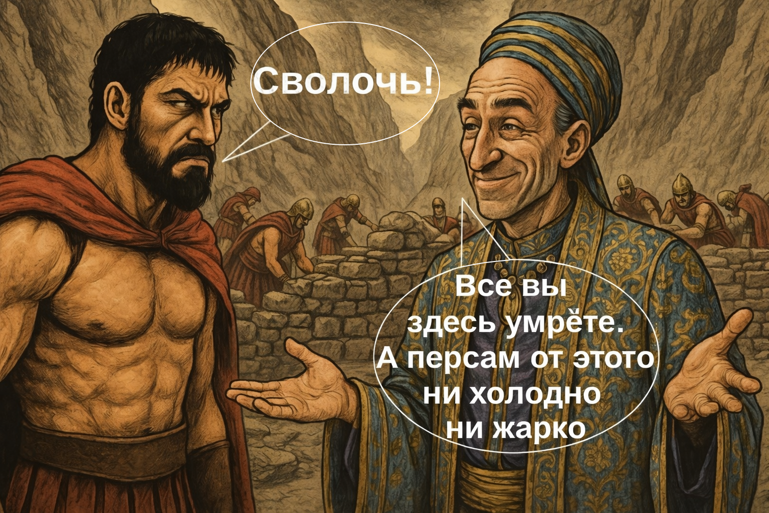 Cartoon: on the right, the Hypocrite says 'You will all die here. The Persians couldn't care less.' On the left, Leonid replies 'Bastard!'