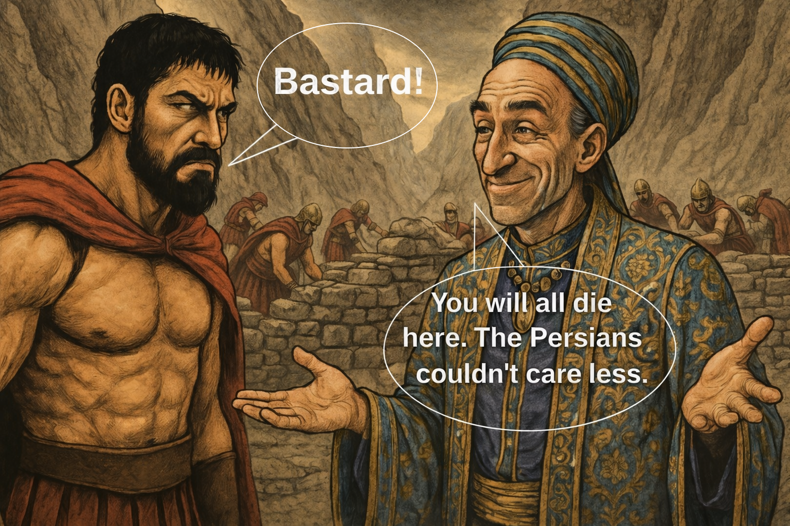Cartoon: on the right, the Hypocrite says 'You will all die here. The Persians couldn't care less.' On the left, Leonid replies 'Bastard!'