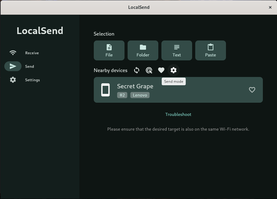Screenshot of LocalSend on a Debian 13 workstation: partner discovery and ready-to-exchange interface