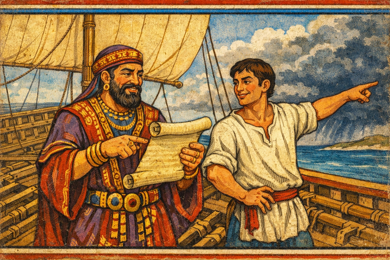 Ancient parable of the merchant and the sailor: the merchant boasts of his literacy, the sailor points to the approaching storm and reminds of the importance of knowing how to swim