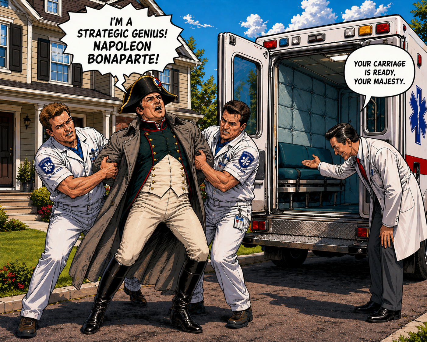 Two orderlies lead a man in a Napoleon costume to a psychiatric van. He shouts: 'I'm a strategic genius — Napoleon Bonaparte!' The doctor bows and says: 'Your carriage is ready, Your Majesty!'