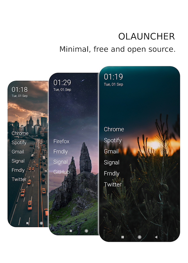 Olauncher — a minimalist text-based launcher for Android. Example interface: app list as text lines, no icons or widgets.