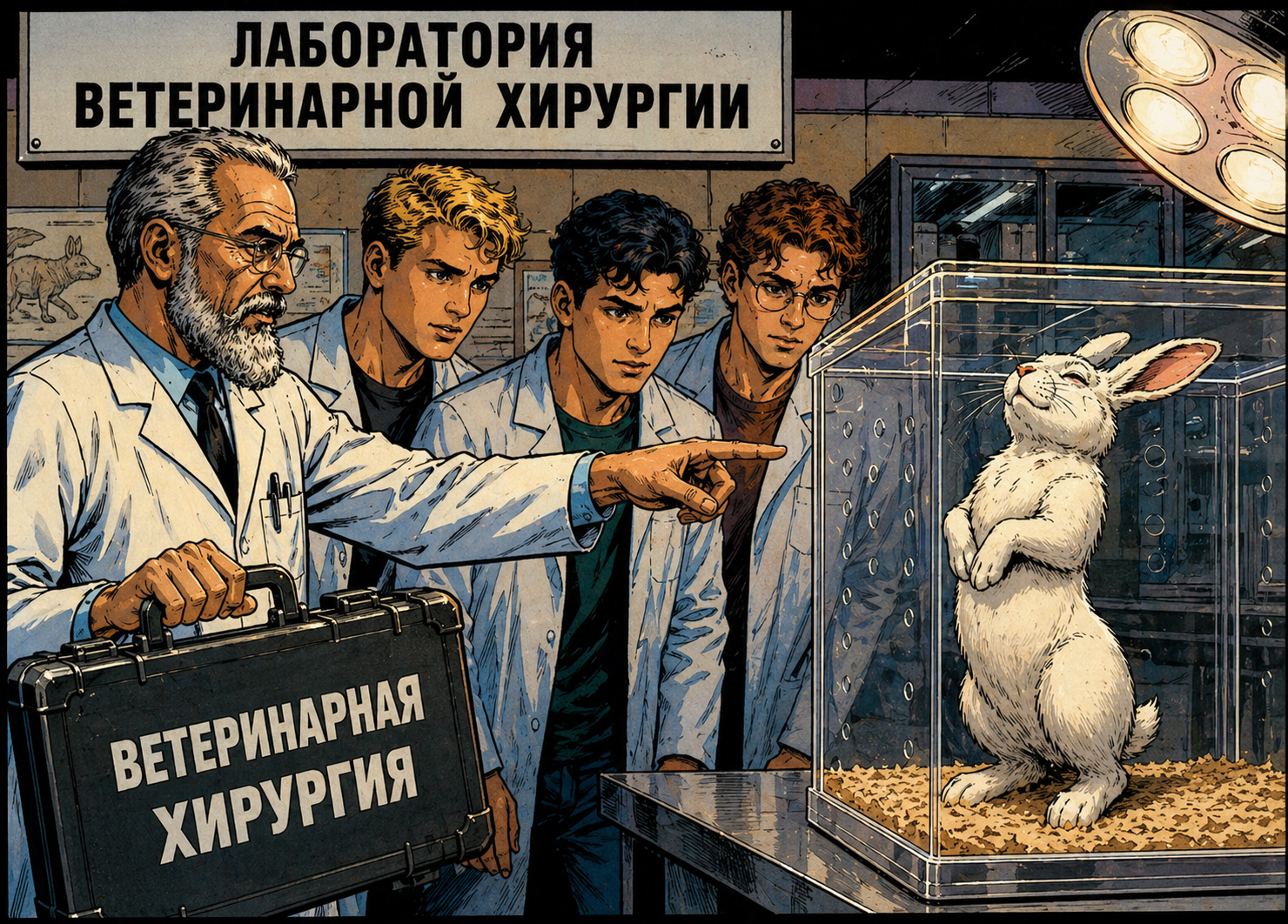 Лаборатория ветеринарной хирургии: профессор с кейсом инструментов указывает на кролика, студенты смотрят туда же, кролик гордо стоит на задних лапках