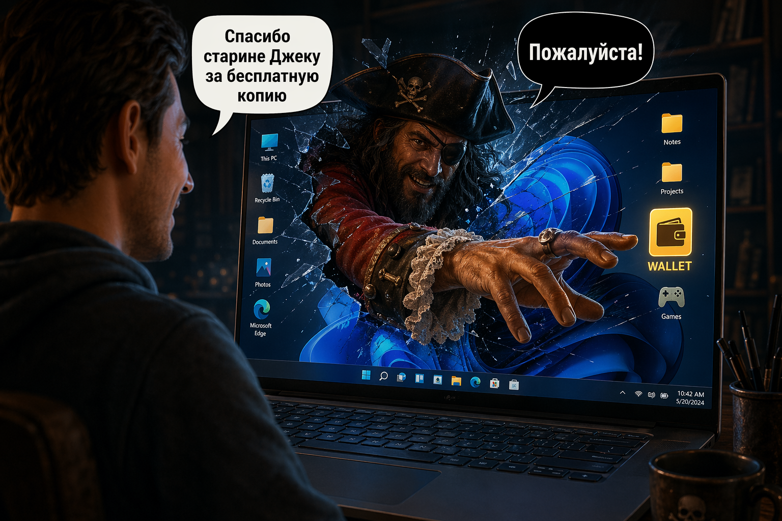 Пользователь радуется бесплатной копии Windows, а из экрана тянется рука пирата, ворующая его финансовые данные