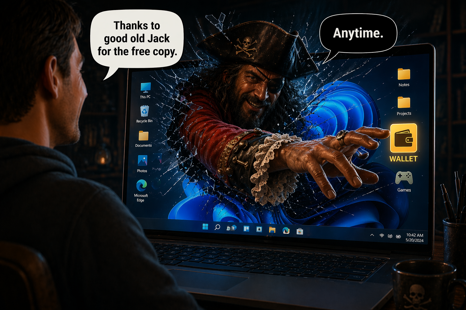 A user rejoices at getting a free copy of Windows, while a pirate's hand reaches from the screen to steal their financial data