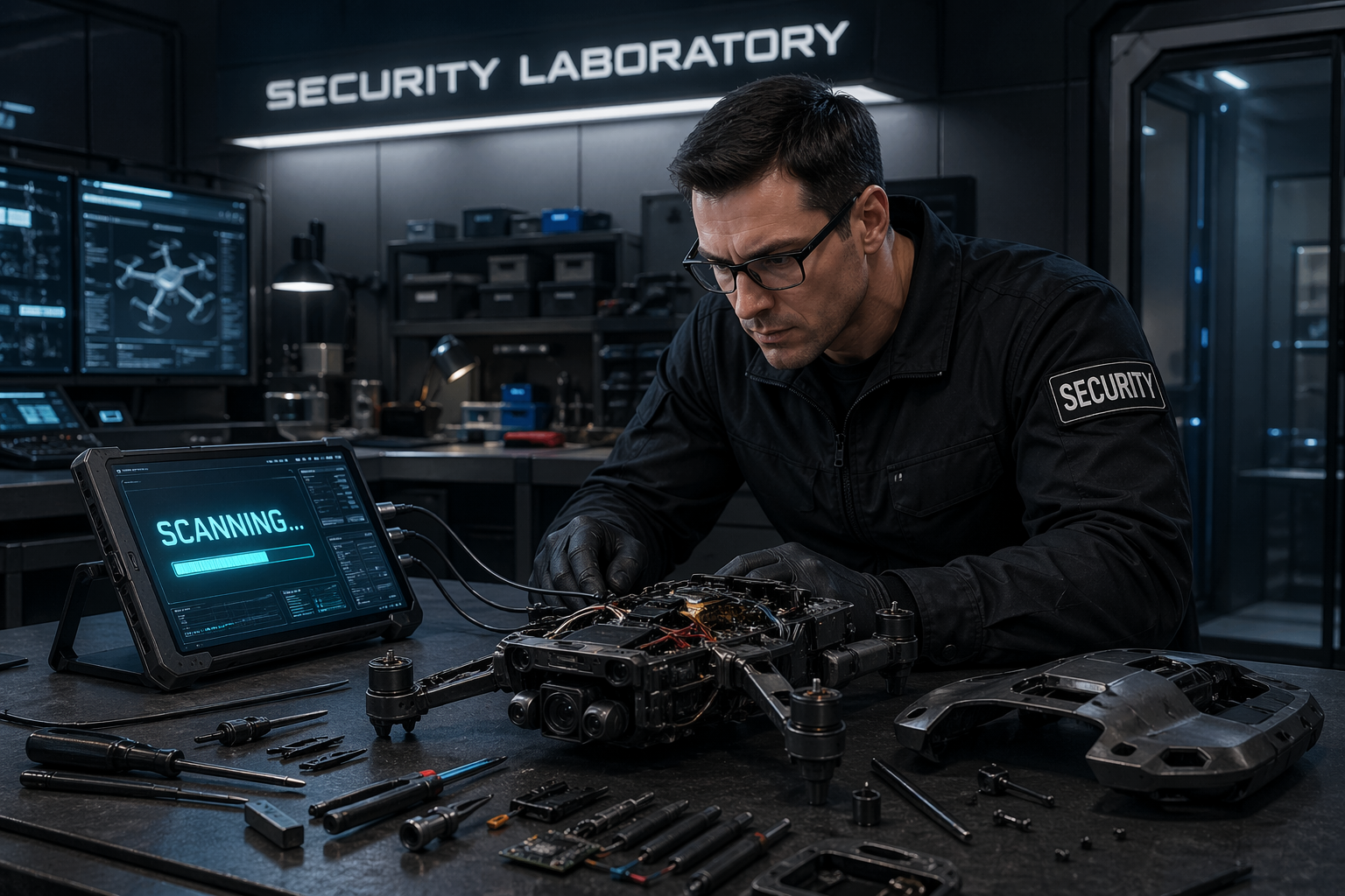 Futuristic laboratory: a master scans the flight computer of a dismantled enemy spy drone, wires connected from the tablet to the drone