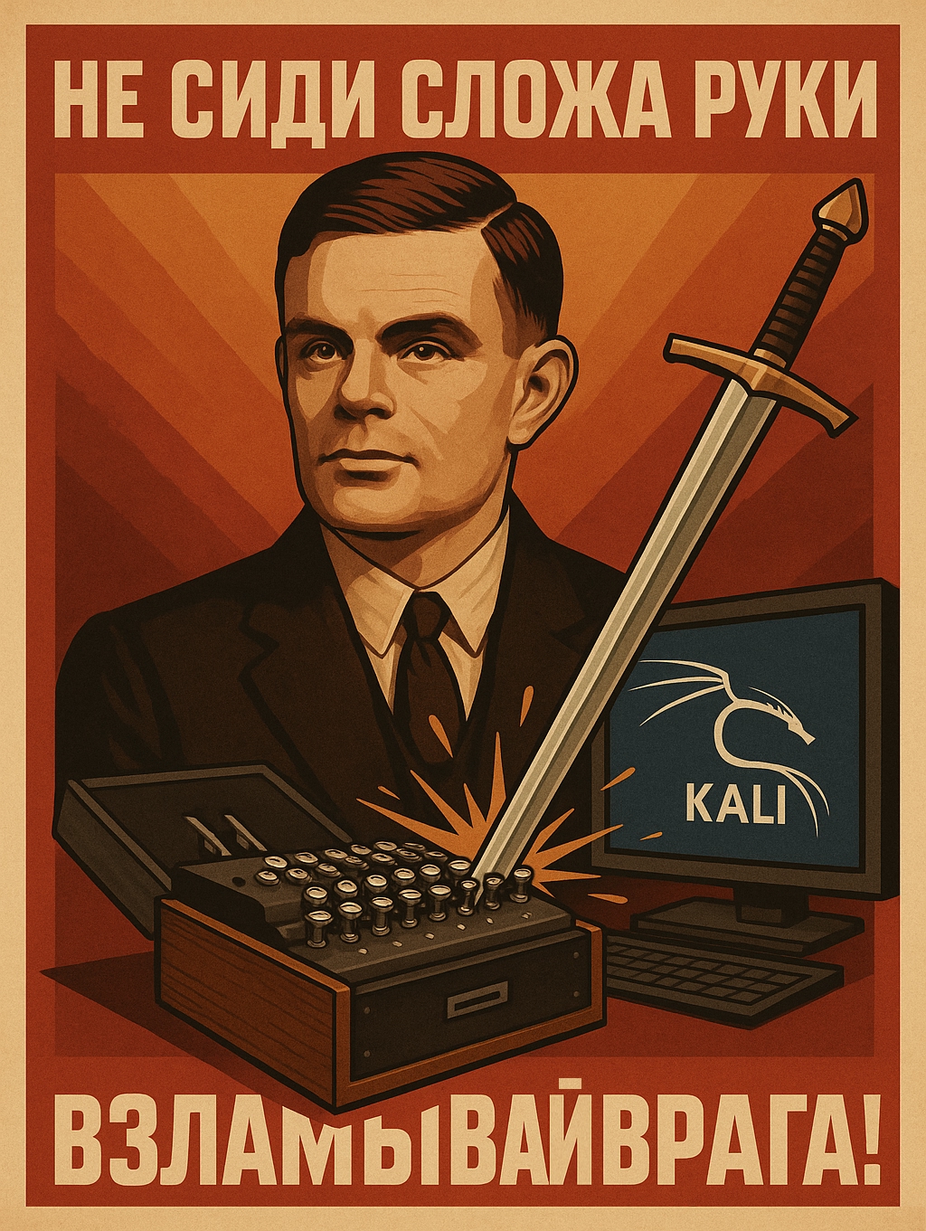Алан Тьюринг, меч пробивает Энигму, рядом монитор с Kali Linux