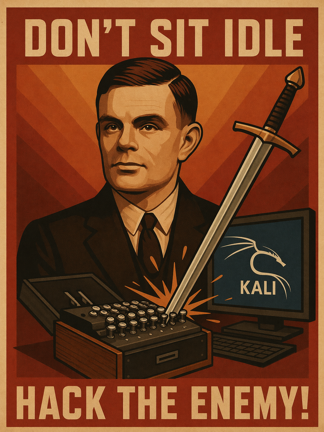 Alan Turing, a sword piercing the Enigma, next to the sword a monitor with Kali Linux