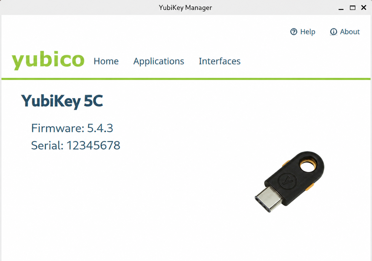 YubiKey Manager home page showing connected YubiKey 5C information