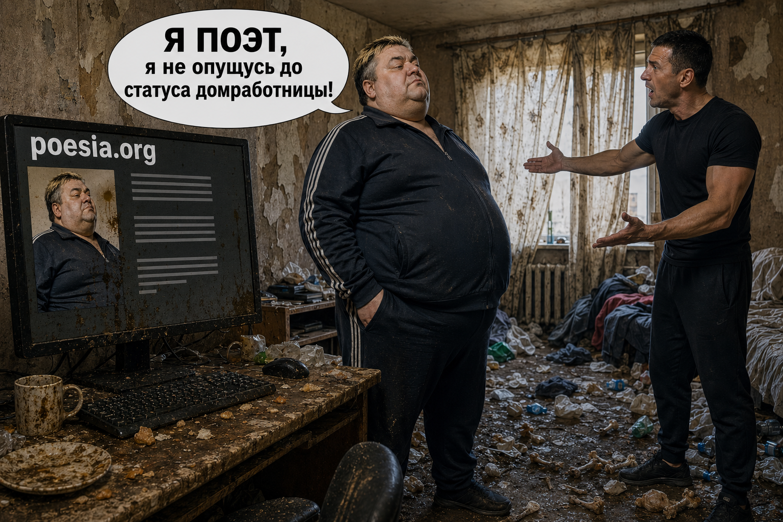 Поэт с лишним весом стоит в грязной квартире, друг возмущается уровнем беспорядка, поэт гордо отвечает: «Я поэт, я не опущусь до статуса домработницы»
