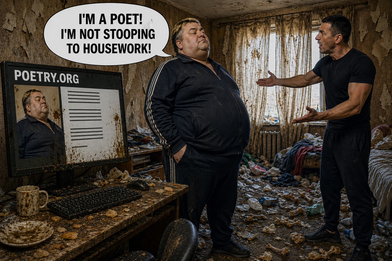 An overweight poet stands in a dirty apartment, a visiting friend is outraged by the mess, the poet proudly replies: 'I'm a poet! I'm not stooping to housework!'