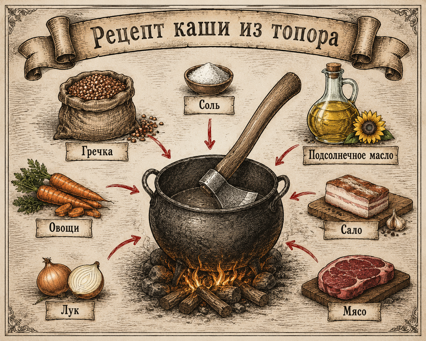 Рецепт каши из топора: топор в котелке и ингредиенты, образующие настоящую кашу