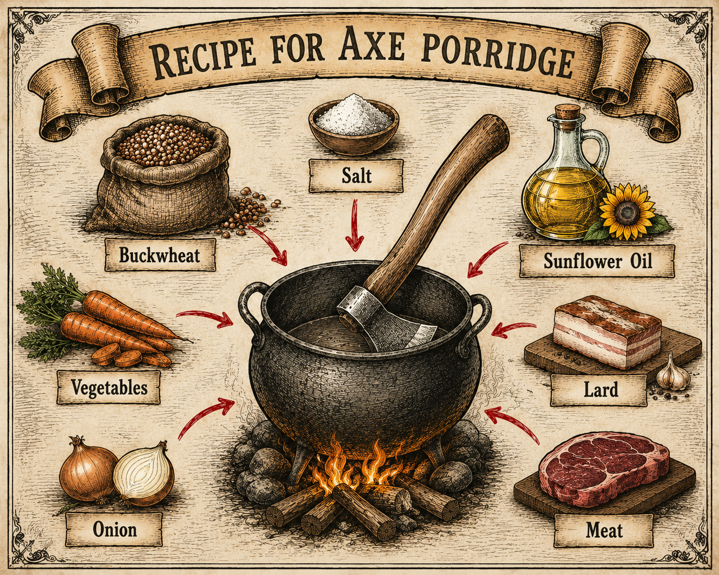 Stone soup recipe: an axe in a cooking pot surrounded by ingredients that create the actual porridge