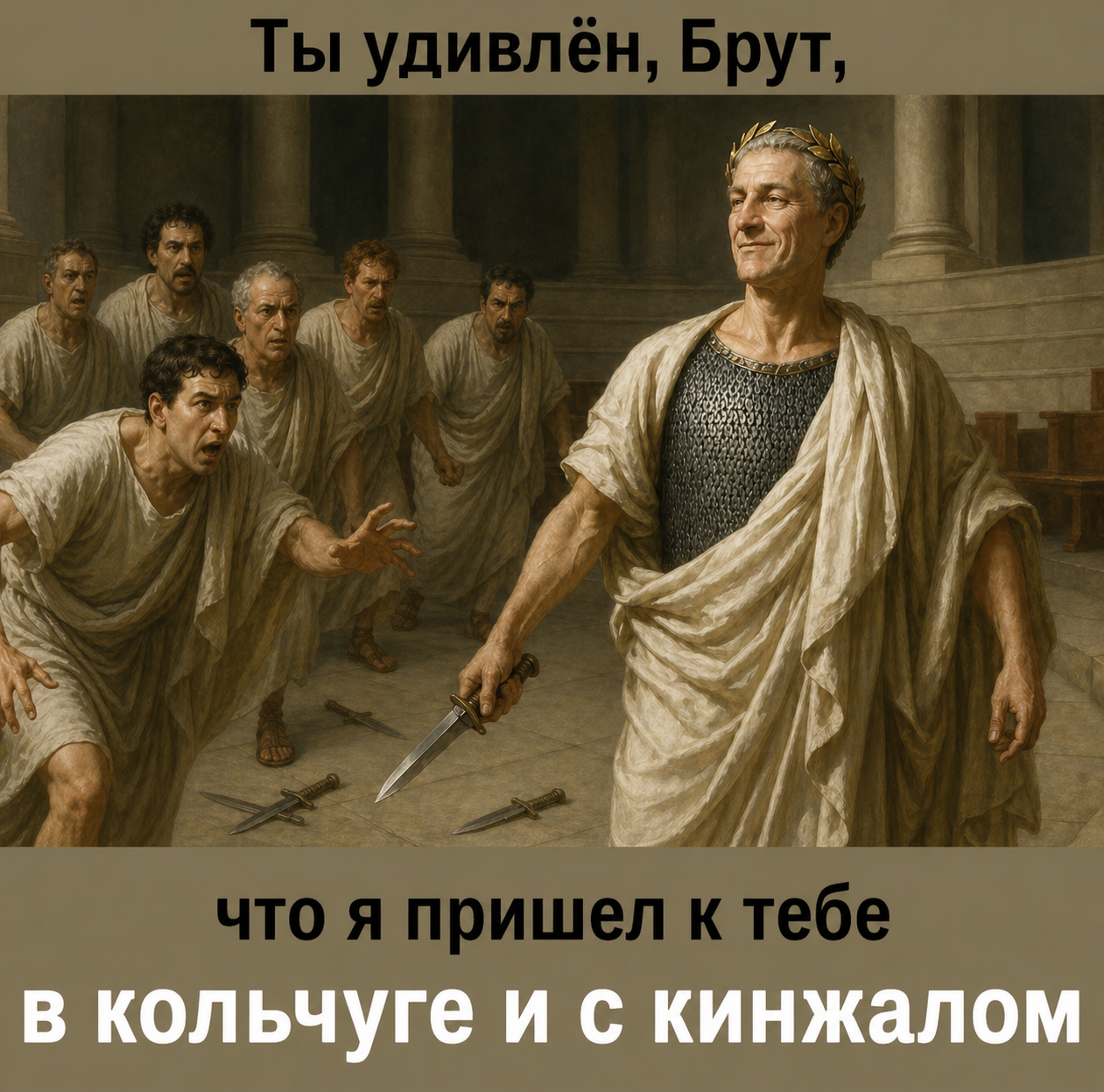 Альтернативная история: заговорщики во главе с Брутом пытаются заколоть Цезаря, но он отбил атаки, в его руке кинжал, под тогой видна кольчуга. Заговорщики в панике роняют оружие