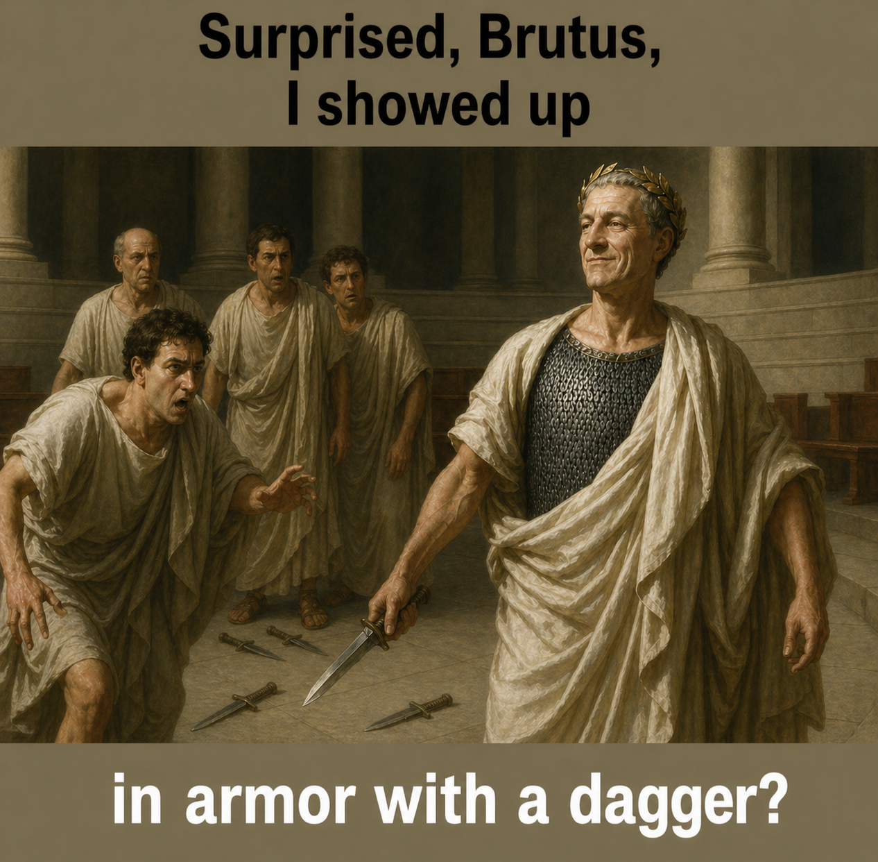 Alternate history: conspirators led by Brutus attempt to stab Caesar, but he has deflected the attacks; a dagger is in his hand, chainmail visible under his toga. The conspirators panic and drop their weapons