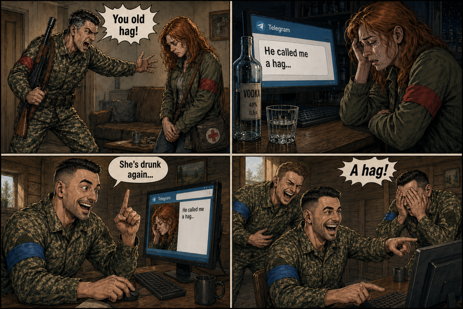 A sniper argues with his girlfriend, a medic. The girlfriend gets drunk and shares the details of the argument on social media. An enemy soldier finds her post and laughs about it with his friends.