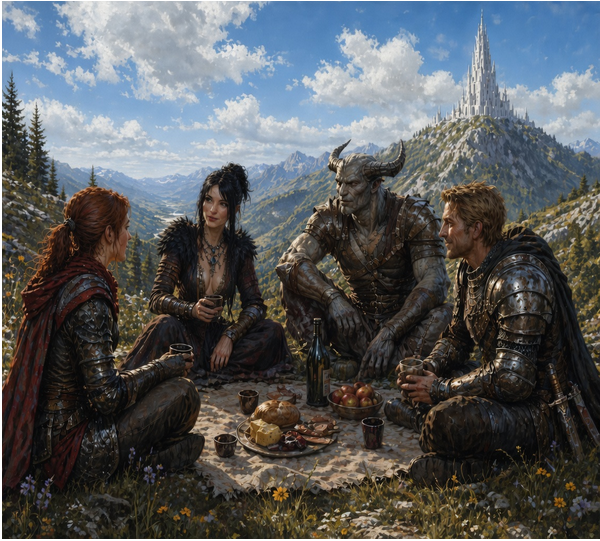 Dragon Age: Origins — the protagonist's party of four resting. In the background — the Ivory Tower Queen's tower