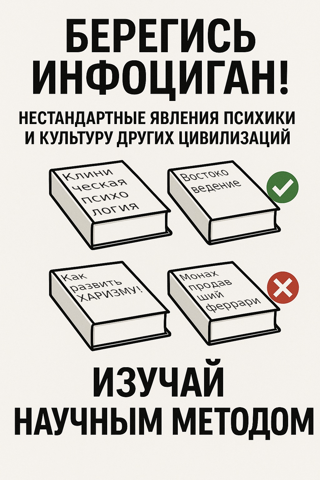 Плакат «Берегись Инфоциган»: антинаучная оккультная литература перечёркнута, научные книги по психике и культуре — с галочками