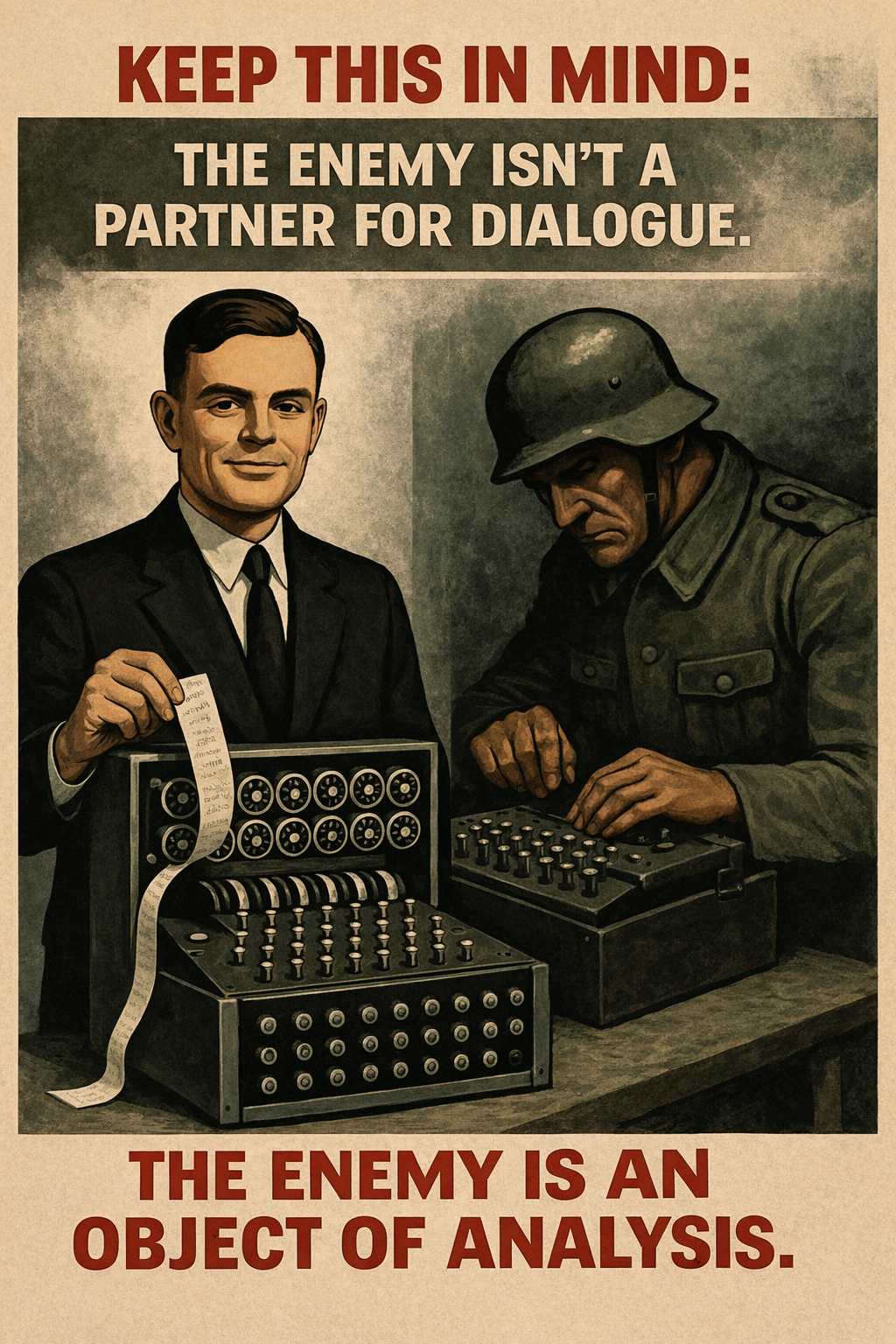 Left: Alan Turing next to his machine with a decryption tape. Right: Nazi cipher operator at the Enigma machine