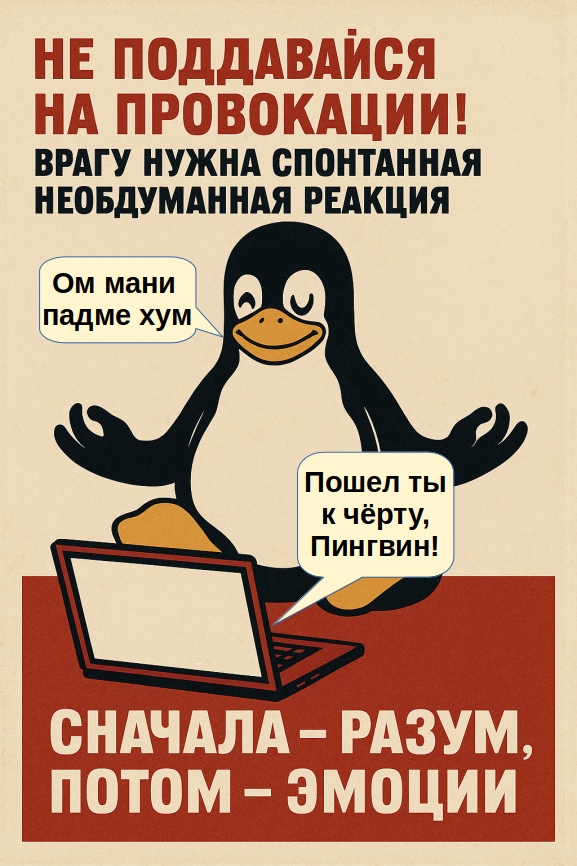 Троль-провокатор пытается вывести из себя пингвина Tux, но Tux спокойно медитирует